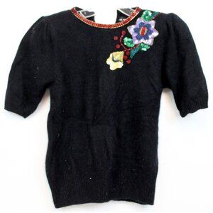 I.B. Diffusion Black Sweater Women Medium Flower Sequin Short Sleeve Silk Angora